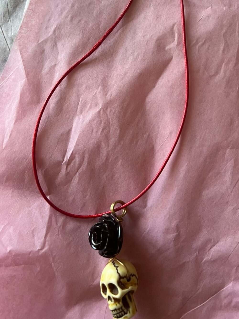 Gothic Skull & Black Rose Pendant Necklace – Red Cord – Alternative / Punk Style